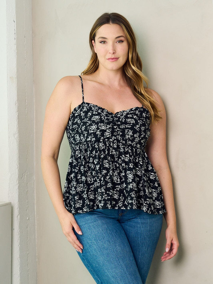 PLUS SIZE SLEEVELESS SMOCK PLEPLUM FLORAL TANK TOP