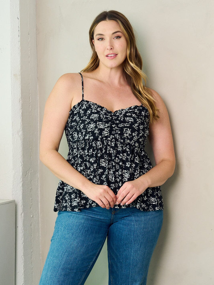 PLUS SIZE SLEEVELESS SMOCK PLEPLUM FLORAL TANK TOP