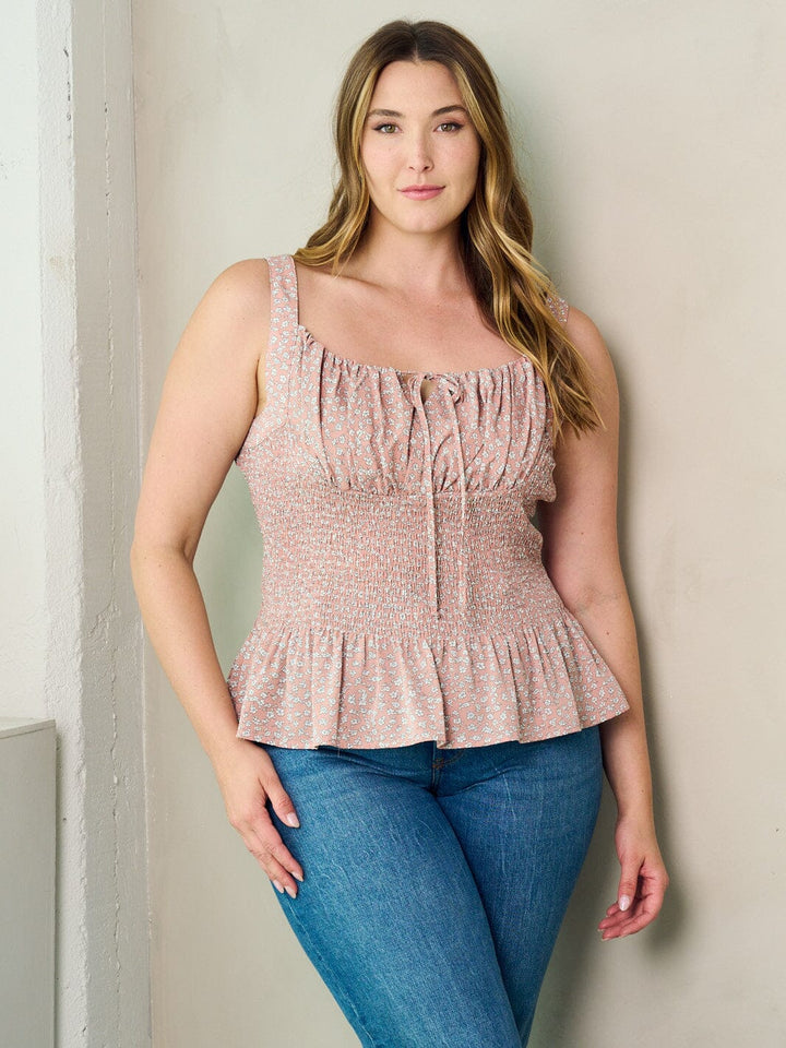PLUS SIZE SLEEVELESS SMOCK PLEPLUM FLORAL TANK TOP