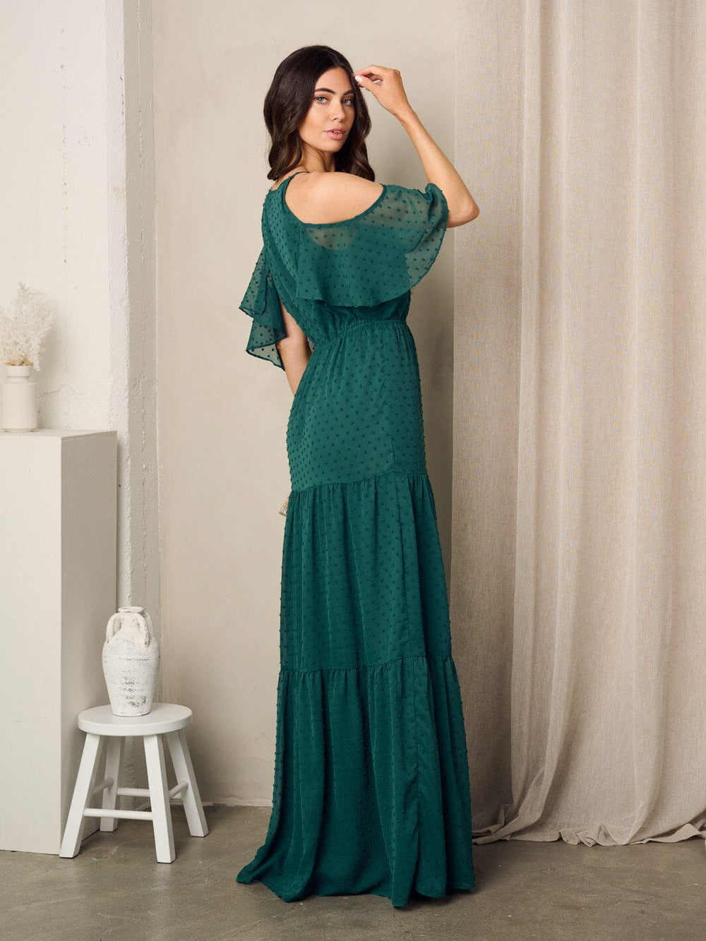 WOMEN'S COLD SHOULDER V-NECK SWISS DOTS MAXI GOWN DRESS