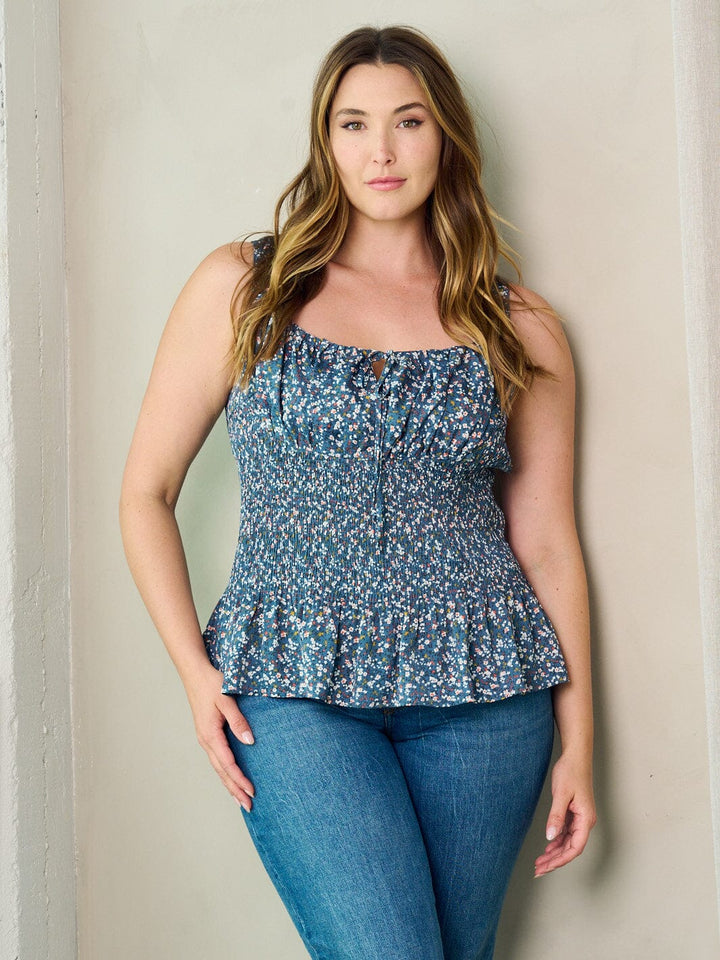 PLUS SIZE SLEEVELESS SMOCK PLEPLUM FLORAL TANK TOP