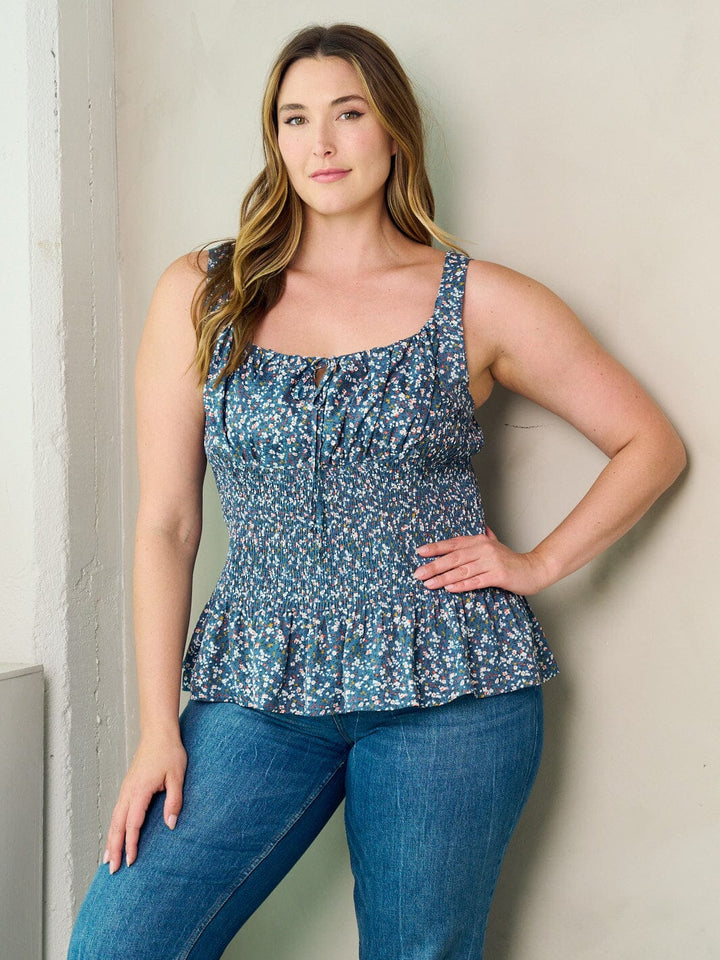 PLUS SIZE SLEEVELESS SMOCK PLEPLUM FLORAL TANK TOP