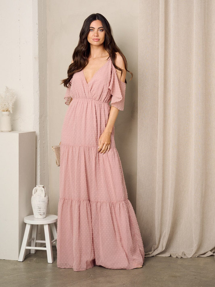 WOMEN'S COLD SHOULDER V-NECK SWISS DOTS MAXI GOWN DRESS