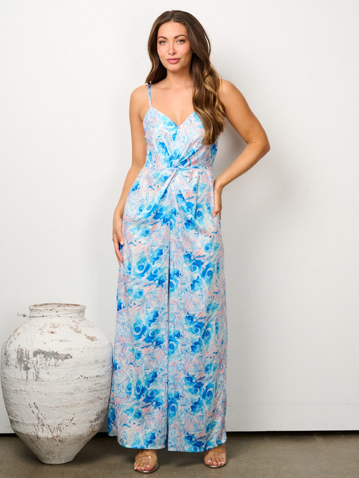 WOMEN'S SLEEVELESS V-NECK FRONT TWIST WIDE LEG FLORAL JUMPSUIT