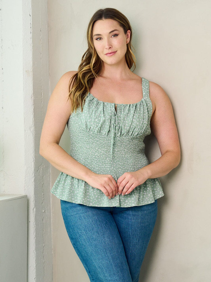 PLUS SIZE SLEEVELESS SMOCK PLEPLUM FLORAL TANK TOP