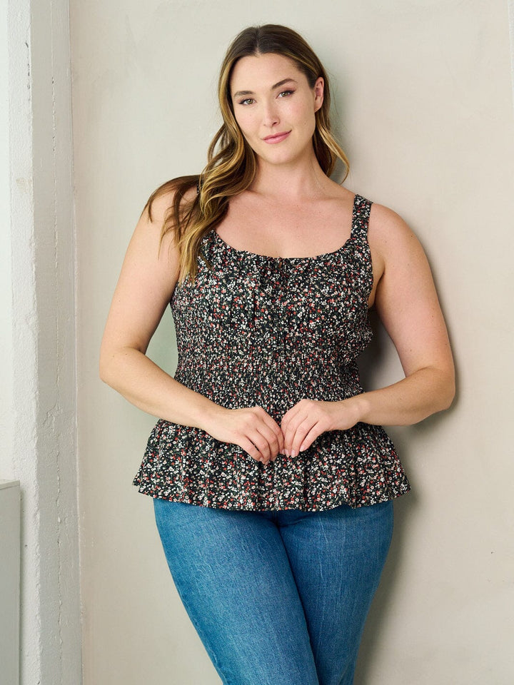 PLUS SIZE SLEEVELESS SMOCK PLEPLUM FLORAL TANK TOP