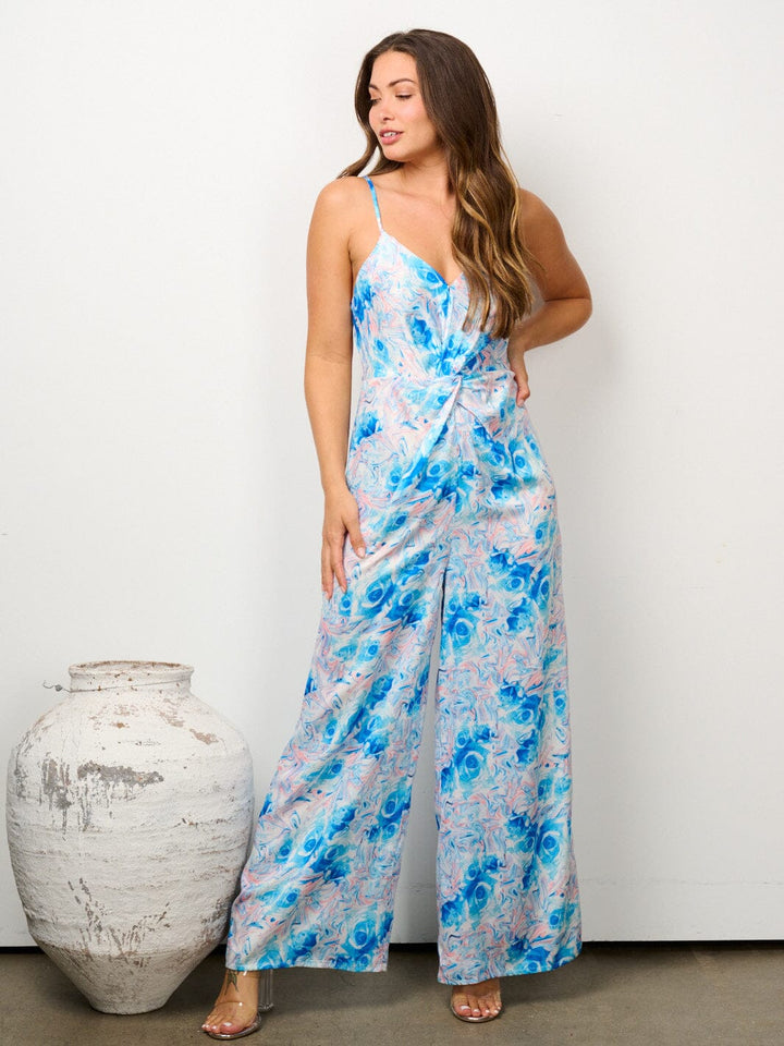 WOMEN'S SLEEVELESS V-NECK FRONT TWIST WIDE LEG FLORAL JUMPSUIT
