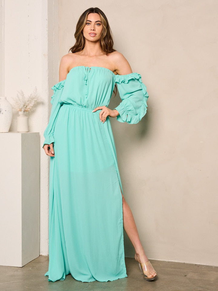 WOMEN'S OFF SHOULDER LONG SLEEVE ELASTIC WAIST MAXI DRESS