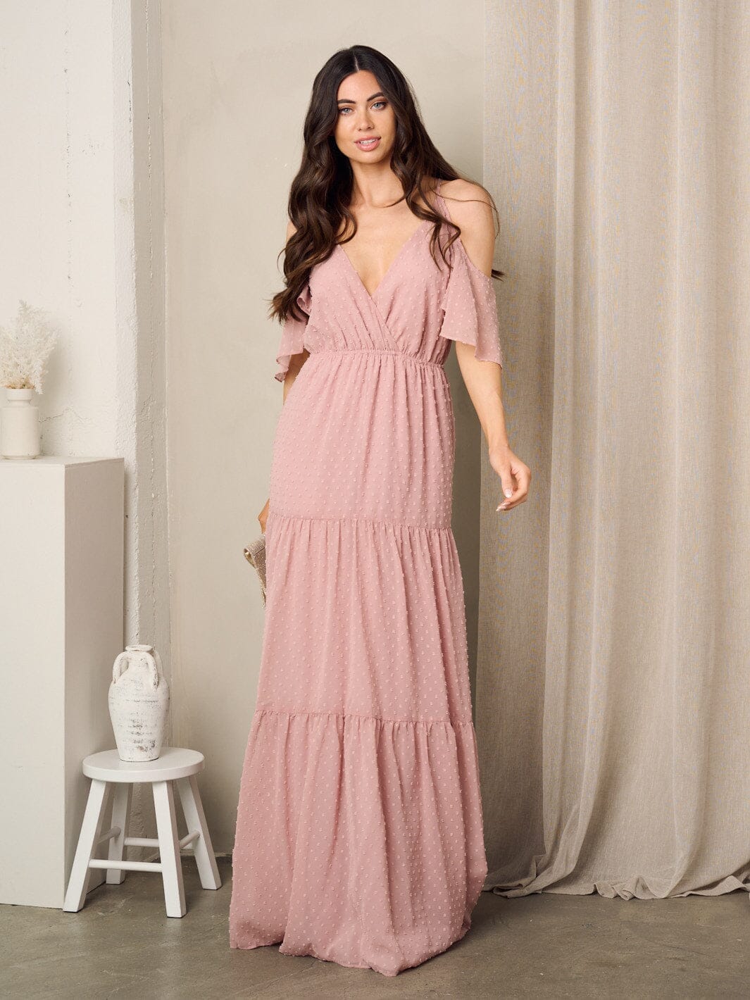 WOMEN'S COLD SHOULDER V-NECK SWISS DOTS MAXI GOWN DRESS