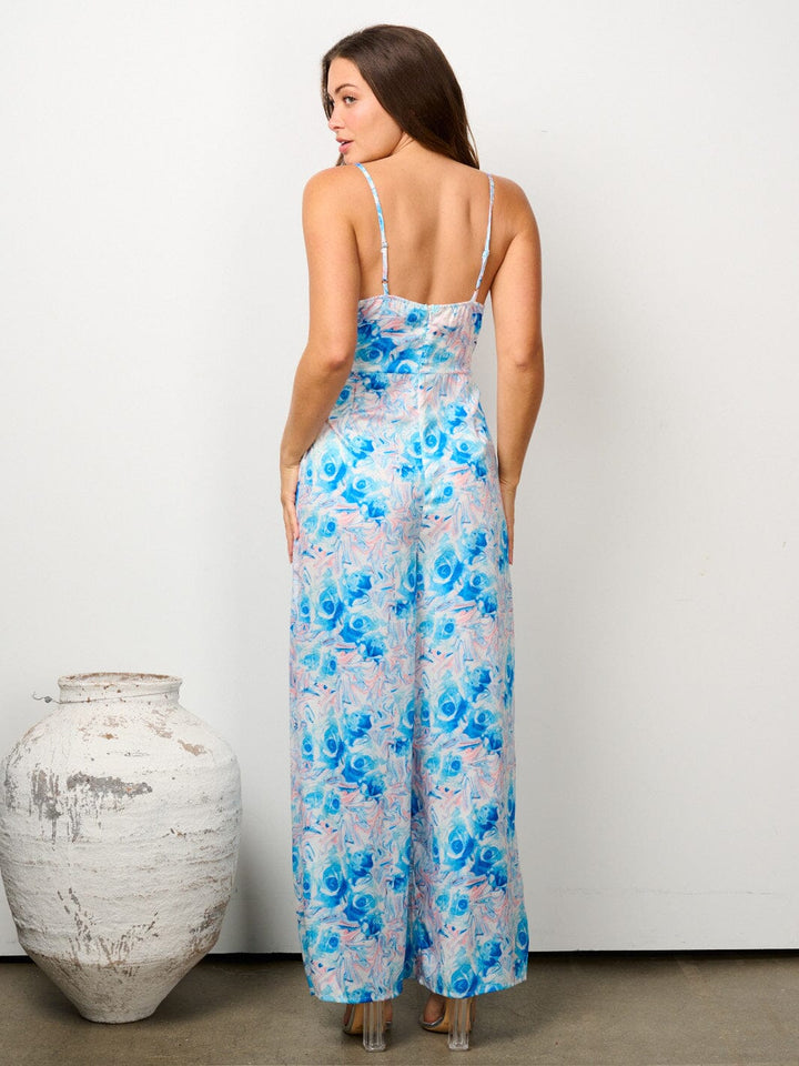 WOMEN'S SLEEVELESS V-NECK FRONT TWIST WIDE LEG FLORAL JUMPSUIT