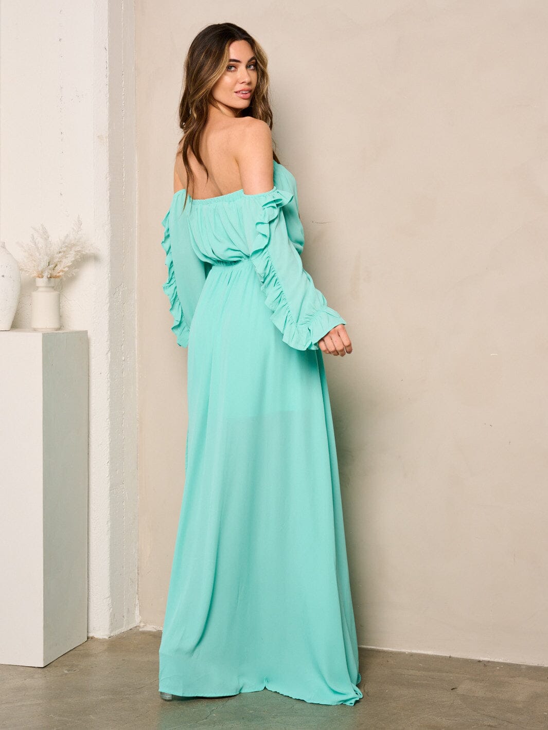 WOMEN'S OFF SHOULDER LONG SLEEVE ELASTIC WAIST MAXI DRESS