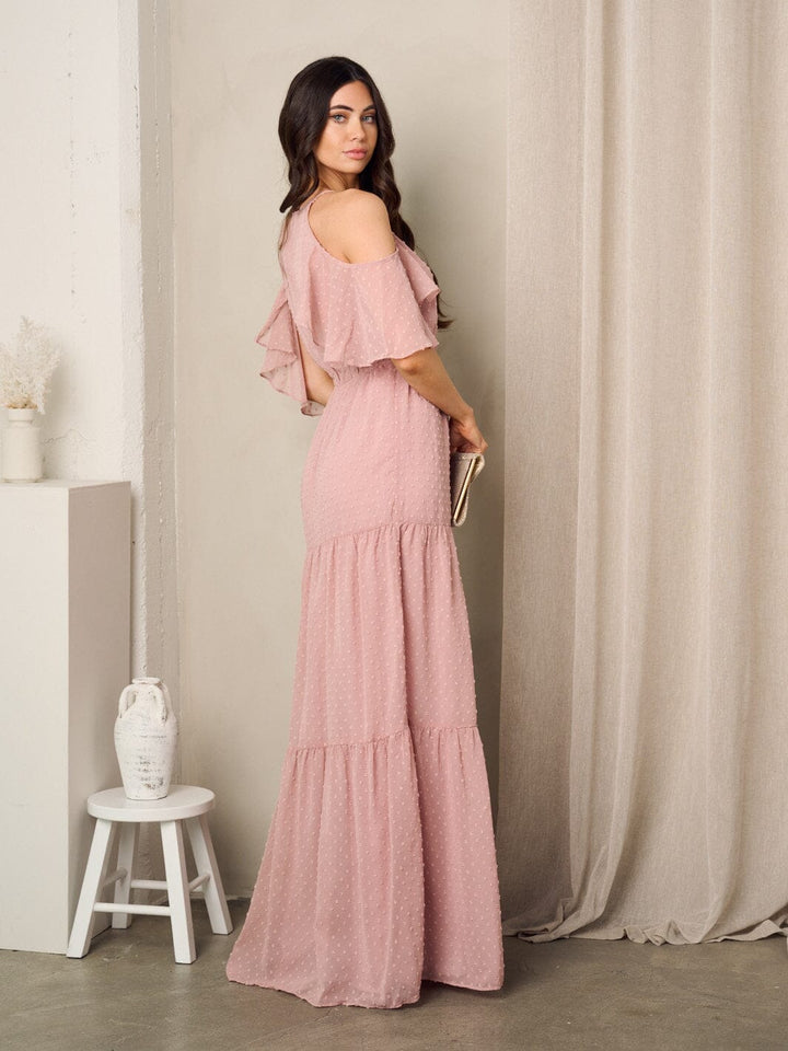 WOMEN'S COLD SHOULDER V-NECK SWISS DOTS MAXI GOWN DRESS