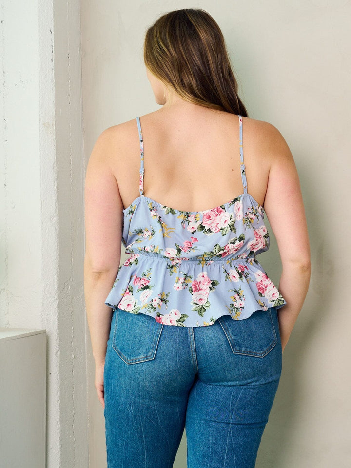 PLUS SIZE SLEEVELESS SURPLICE PLEPLUM FLORAL TANK TOP