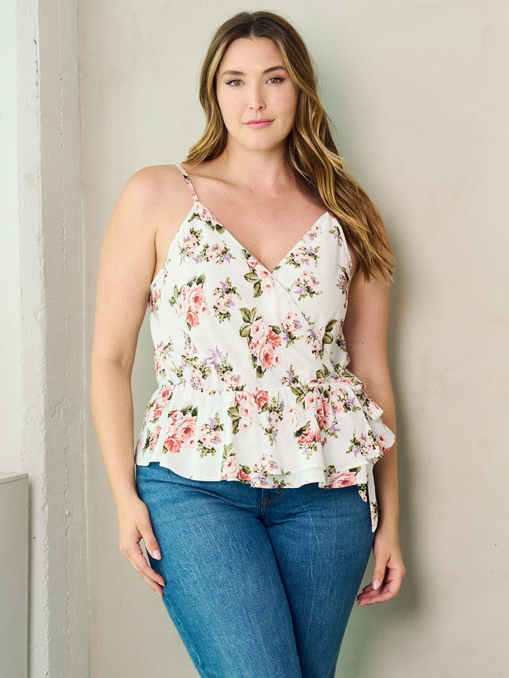 PLUS SIZE SLEEVELESS SURPLICE PLEPLUM FLORAL TANK TOP