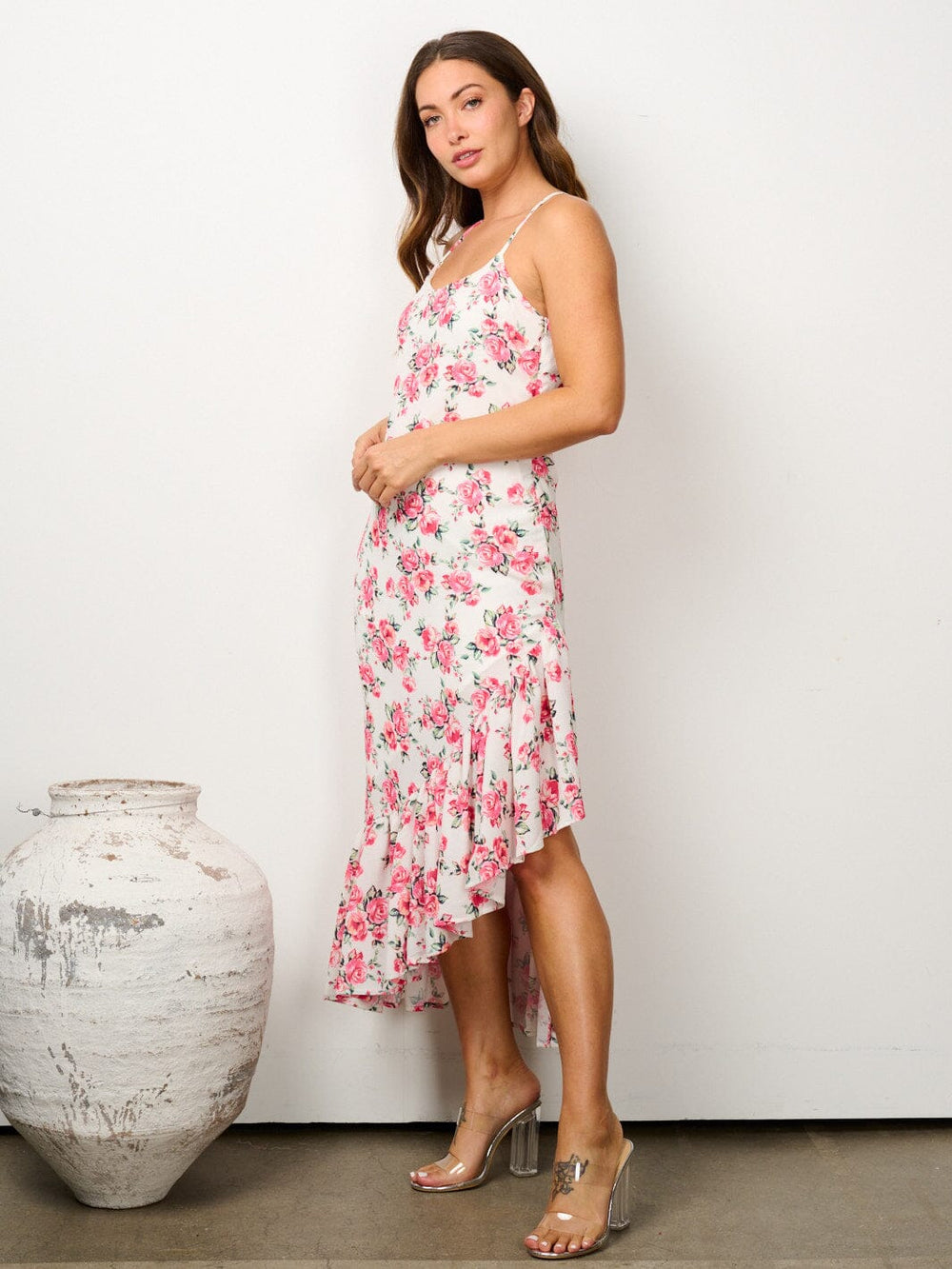 WOMEN'S SLEEVELESS RUFFLE HEM HIGH LOW FLORAL MIDI DRESS