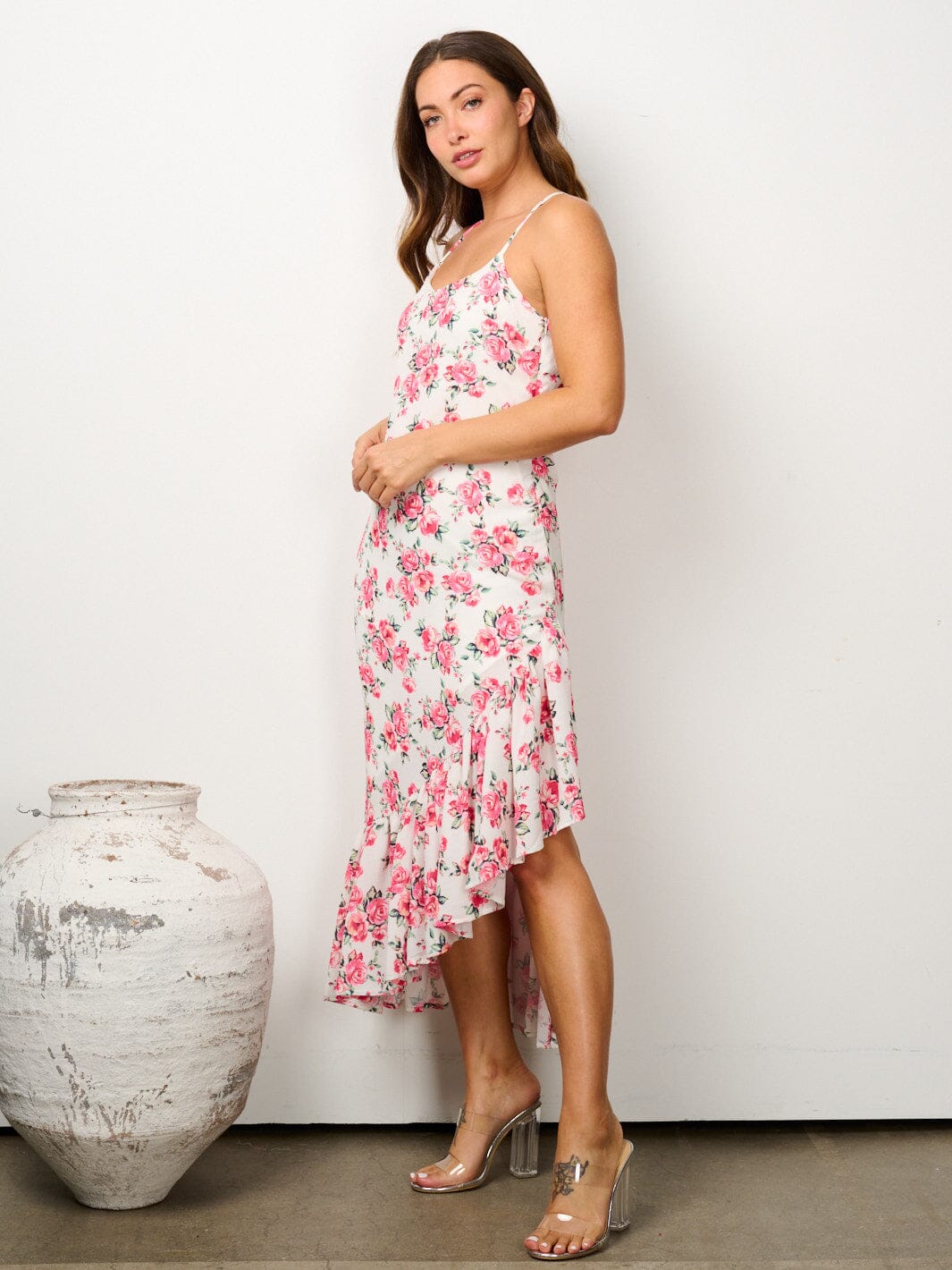 WOMEN'S SLEEVELESS RUFFLE HEM HIGH LOW FLORAL MIDI DRESS