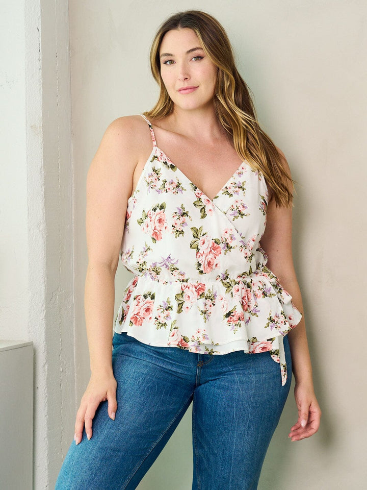 PLUS SIZE SLEEVELESS SURPLICE PLEPLUM FLORAL TANK TOP