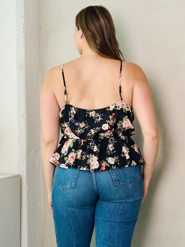 PLUS SIZE SLEEVELESS SURPLICE PLEPLUM FLORAL TANK TOP