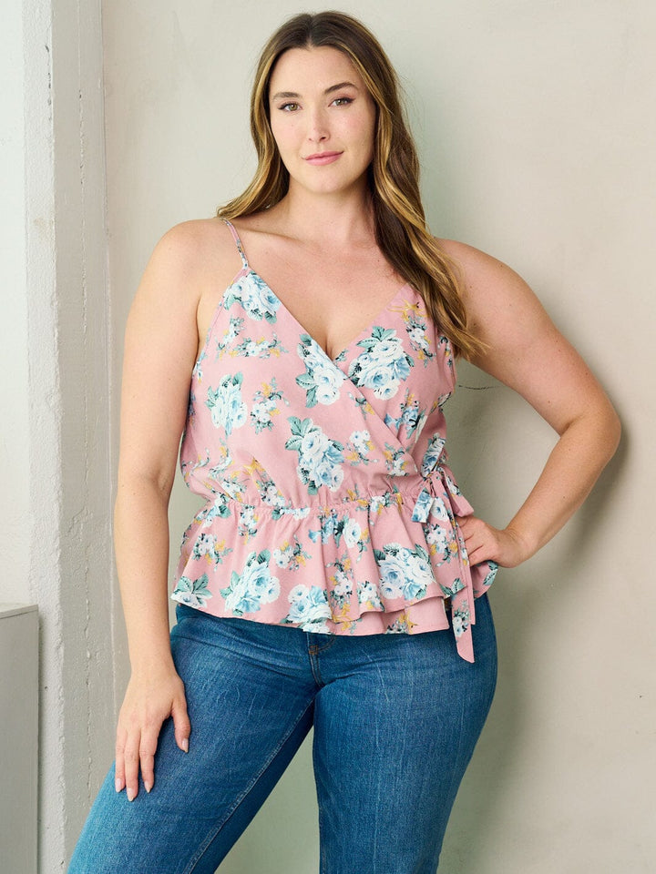 PLUS SIZE SLEEVELESS SURPLICE PLEPLUM FLORAL TANK TOP