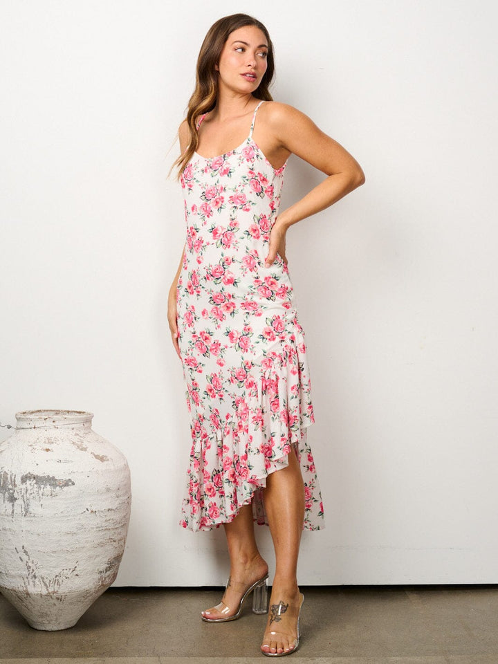 WOMEN'S SLEEVELESS RUFFLE HEM HIGH LOW FLORAL MIDI DRESS