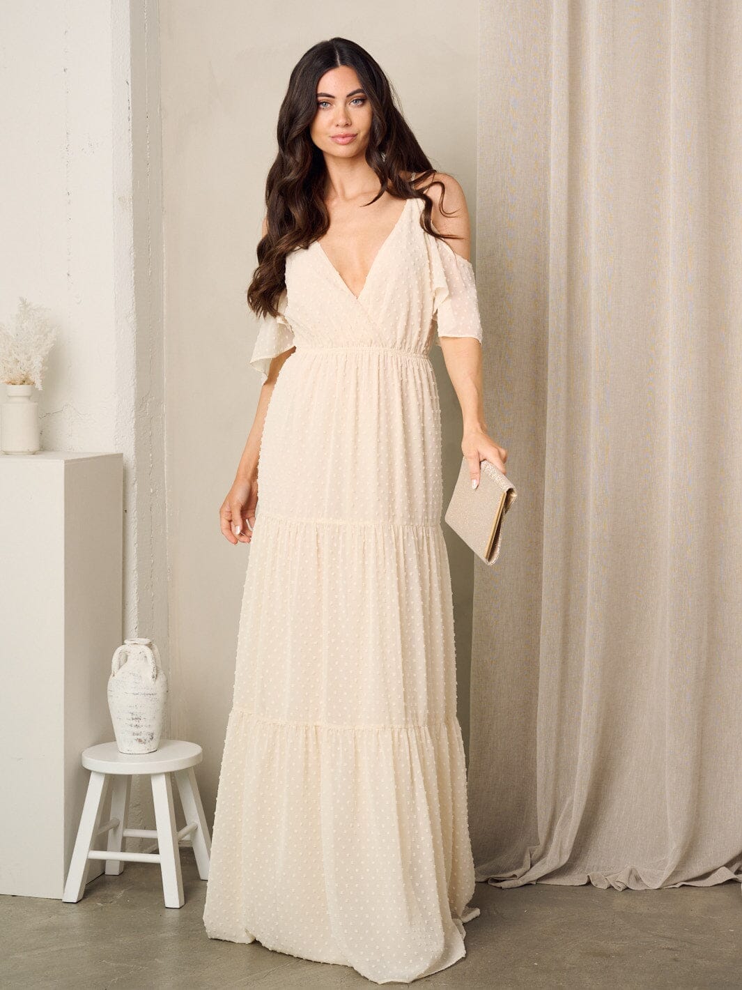 WOMEN'S COLD SHOULDER V-NECK SWISS DOTS MAXI GOWN DRESS