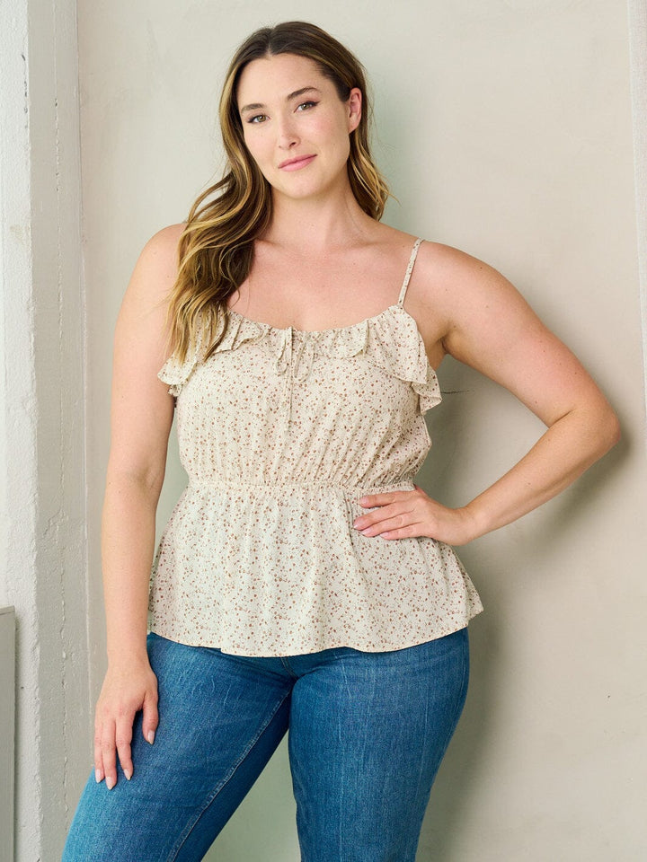 PLUS SIZE SLEEVELESS RUFFLE FLORAL ELASTIC WAIST TANK TOP