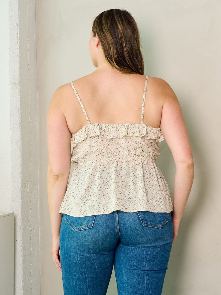 PLUS SIZE SLEEVELESS RUFFLE FLORAL ELASTIC WAIST TANK TOP