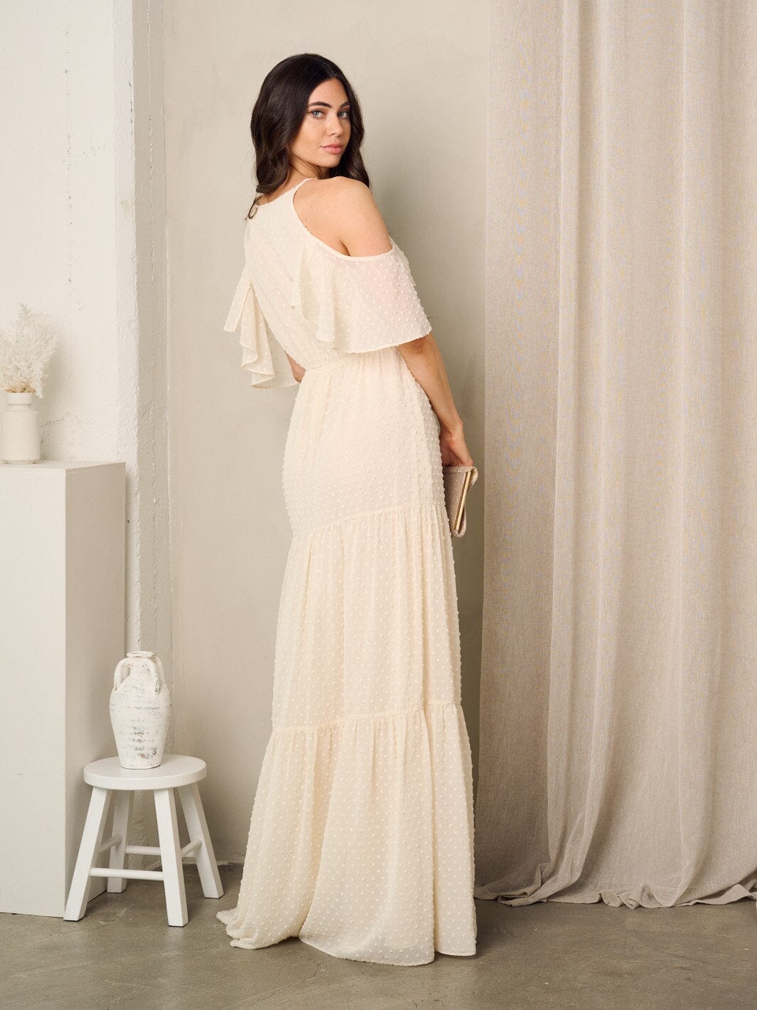 WOMEN'S COLD SHOULDER V-NECK SWISS DOTS MAXI GOWN DRESS