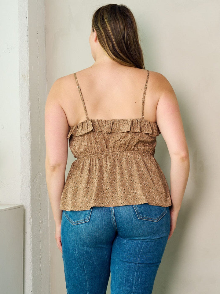 PLUS SIZE SLEEVELESS RUFFLE FLORAL ELASTIC WAIST TANK TOP
