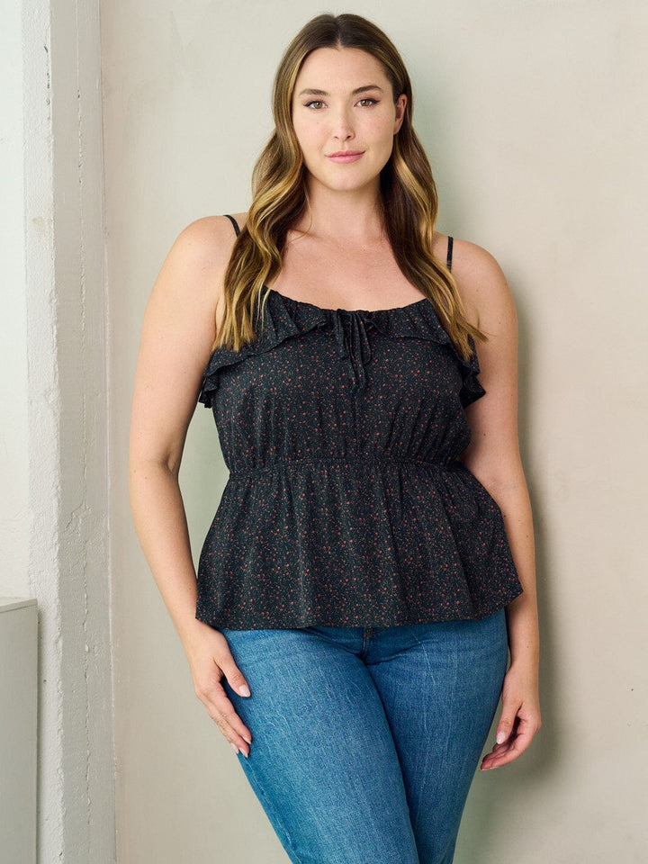 PLUS SIZE SLEEVELESS RUFFLE FLORAL ELASTIC WAIST TANK TOP