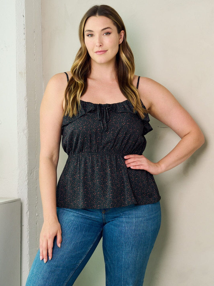 PLUS SIZE SLEEVELESS RUFFLE FLORAL ELASTIC WAIST TANK TOP