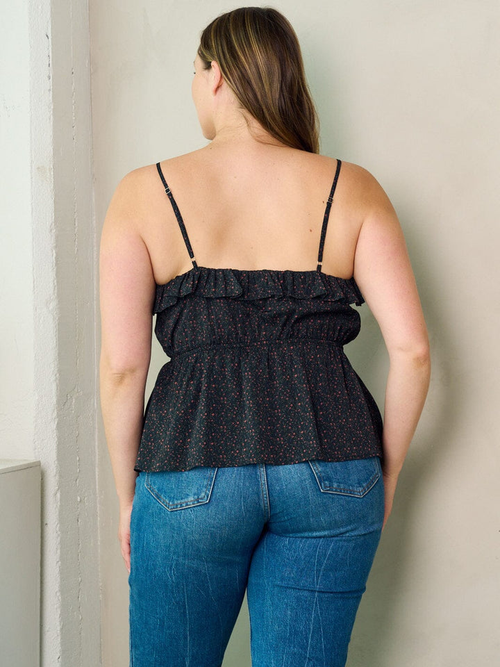 PLUS SIZE SLEEVELESS RUFFLE FLORAL ELASTIC WAIST TANK TOP