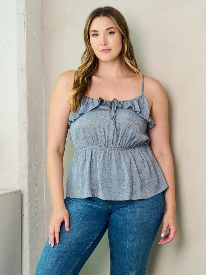 PLUS SIZE SLEEVELESS RUFFLE FLORAL ELASTIC WAIST TANK TOP