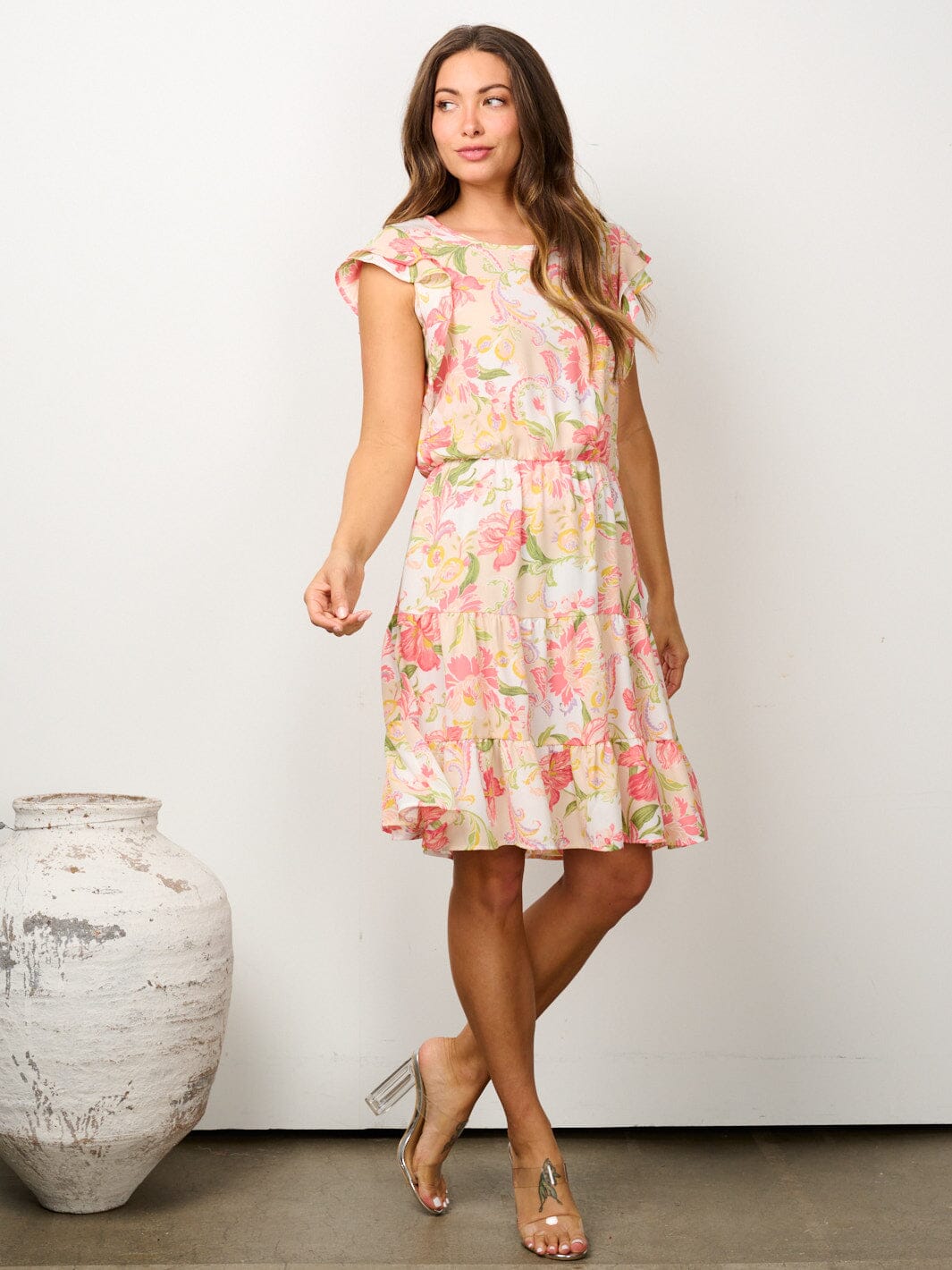 WOMEN'S SHORT RUFFLE SLEEVE ELASTIC WAIST FLORAL MINI DRESS