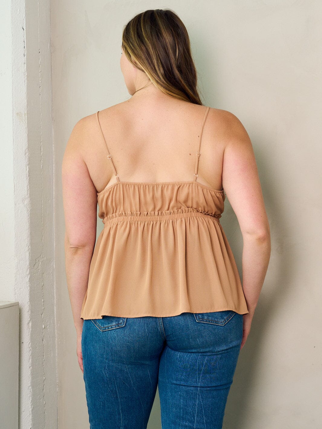PLUS SIZE SLEEVELESS V-NECK ELASTIC WAIST PEPLUM TANK TOP