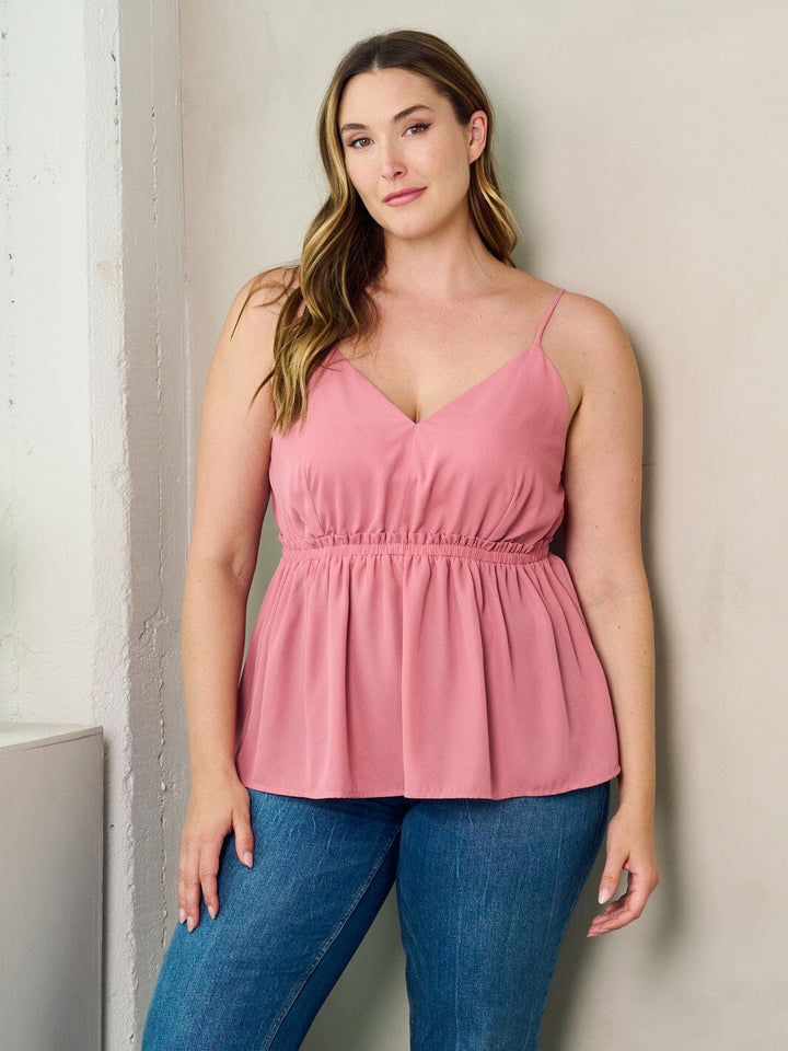 PLUS SIZE SLEEVELESS V-NECK ELASTIC WAIST PEPLUM TANK TOP