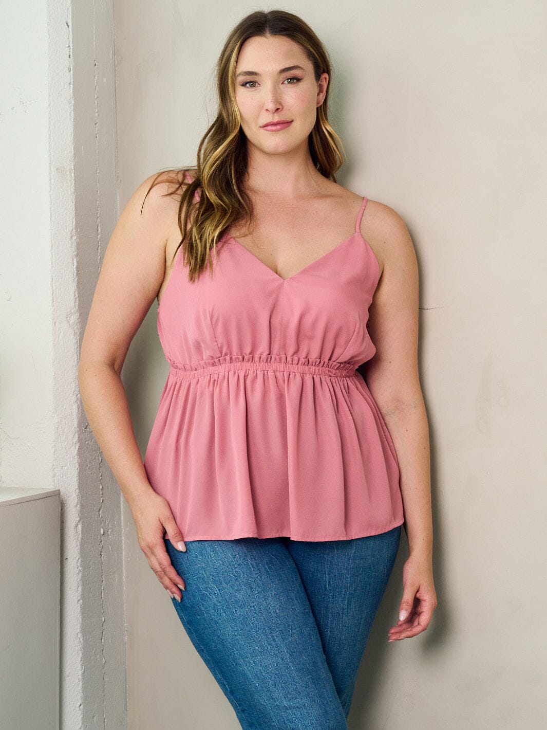 PLUS SIZE SLEEVELESS V-NECK ELASTIC WAIST PEPLUM TANK TOP