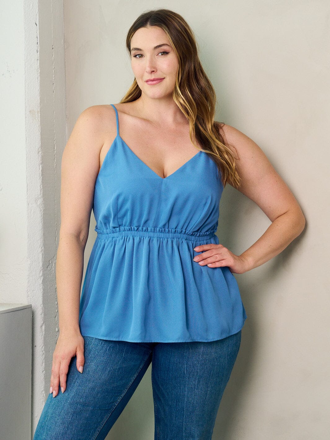 PLUS SIZE SLEEVELESS V-NECK ELASTIC WAIST PEPLUM TANK TOP