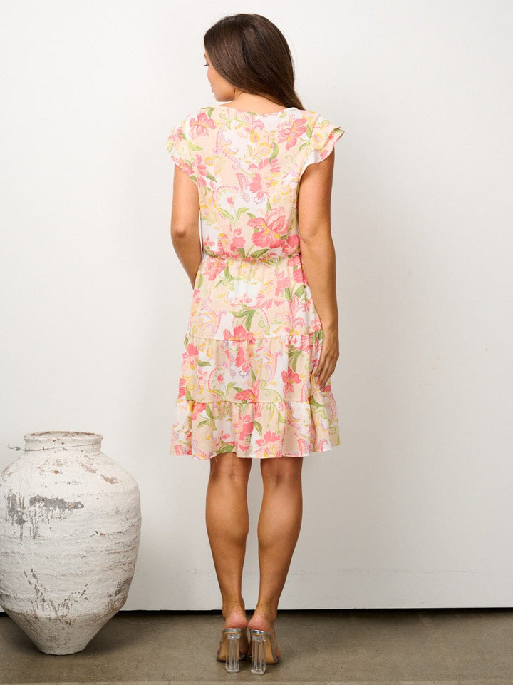 WOMEN'S SHORT RUFFLE SLEEVE ELASTIC WAIST FLORAL MINI DRESS