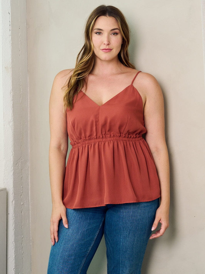 PLUS SIZE SLEEVELESS V-NECK ELASTIC WAIST PEPLUM TANK TOP