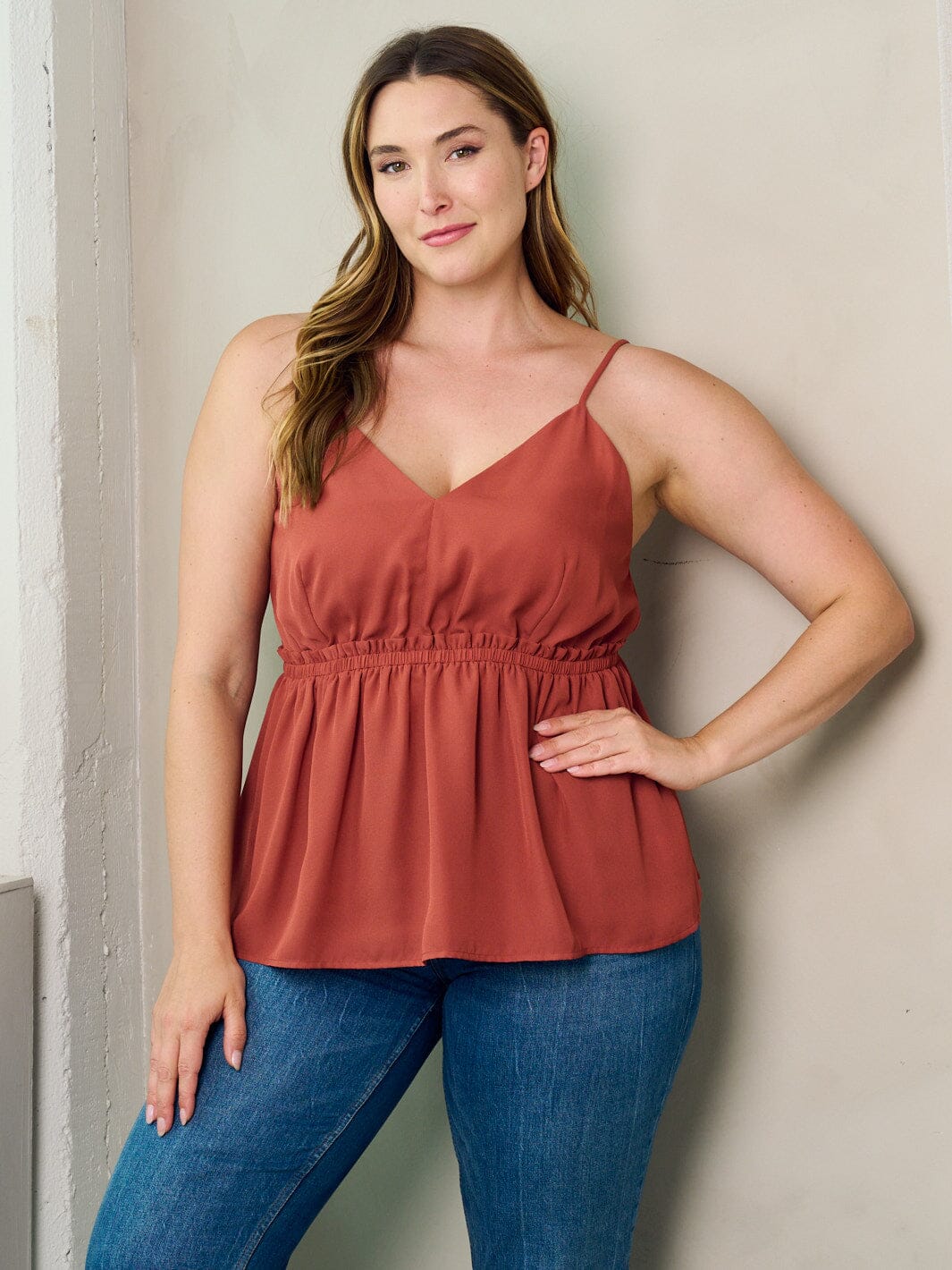 PLUS SIZE SLEEVELESS V-NECK ELASTIC WAIST PEPLUM TANK TOP