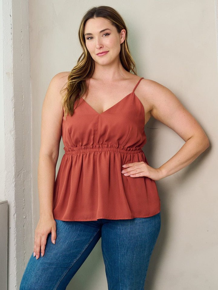 PLUS SIZE SLEEVELESS V-NECK ELASTIC WAIST PEPLUM TANK TOP