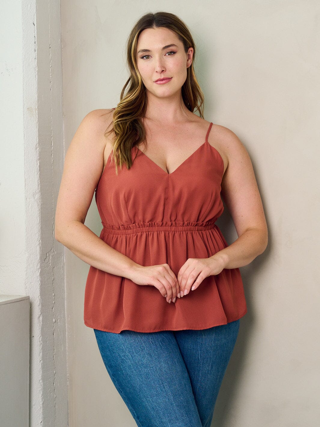 PLUS SIZE SLEEVELESS V-NECK ELASTIC WAIST PEPLUM TANK TOP