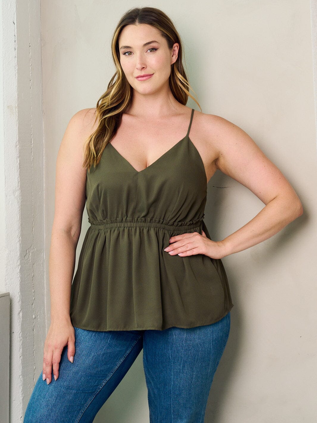 PLUS SIZE SLEEVELESS V-NECK ELASTIC WAIST PEPLUM TANK TOP