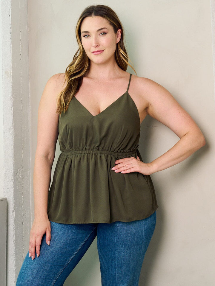 PLUS SIZE SLEEVELESS V-NECK ELASTIC WAIST PEPLUM TANK TOP