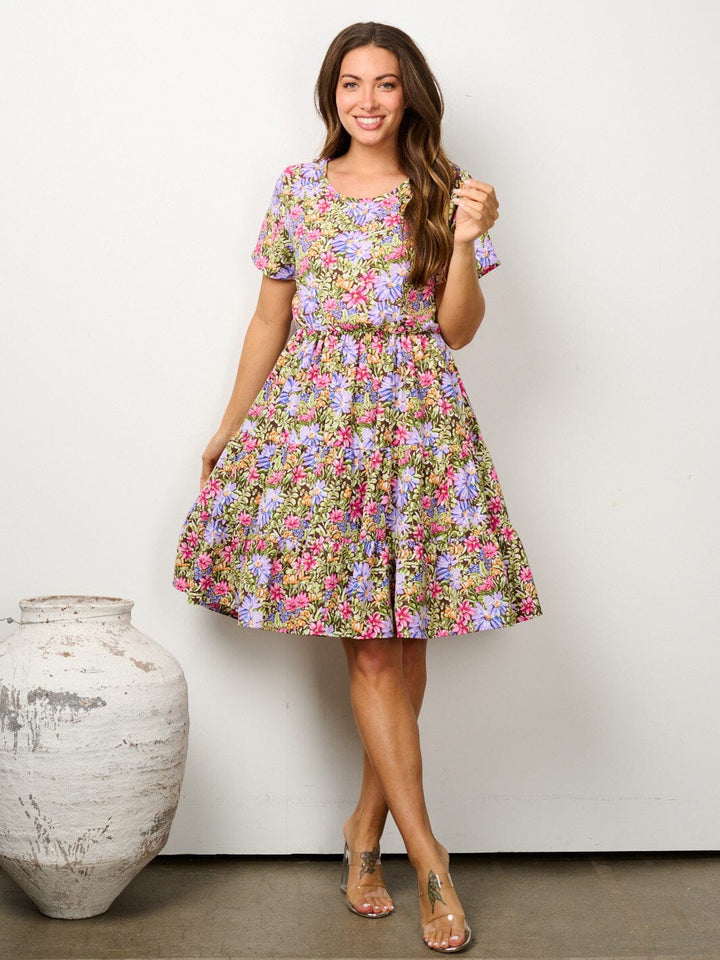 WOMEN'S SHORT SLEEVE ELASTIC WAIST FLORAL MINI DRESS