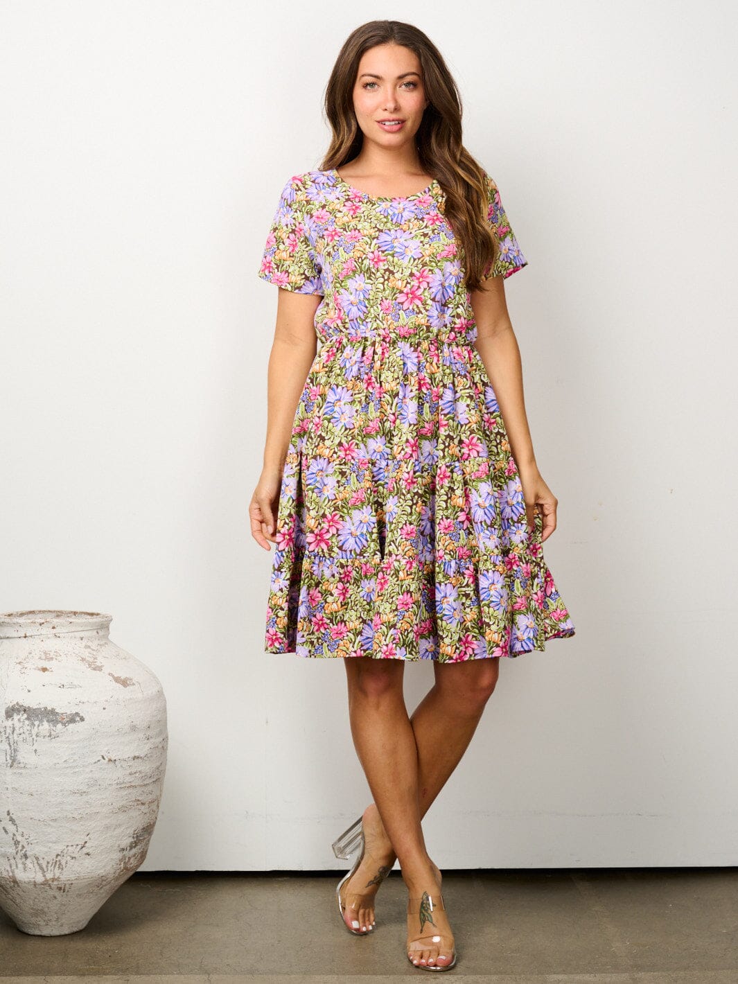 WOMEN'S SHORT SLEEVE ELASTIC WAIST FLORAL MINI DRESS