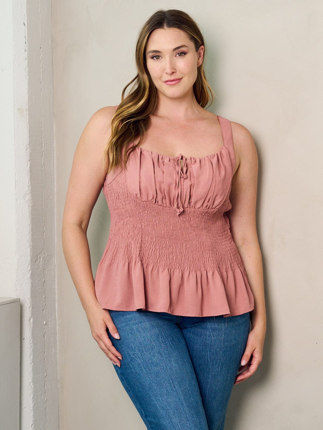 PLUS SIZE SLEEVELESS SMOCK PLEPLUM TANK TOP