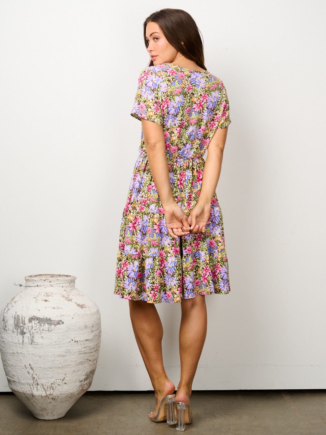 WOMEN'S SHORT SLEEVE ELASTIC WAIST FLORAL MINI DRESS
