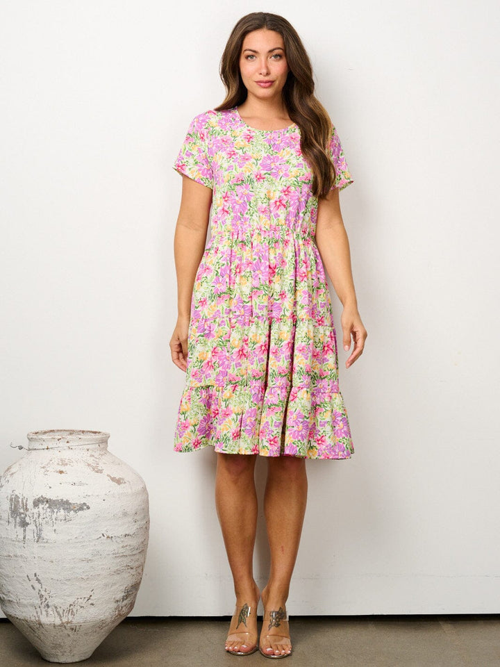 WOMEN'S SHORT SLEEVE ELASTIC WAIST FLORAL MINI DRESS